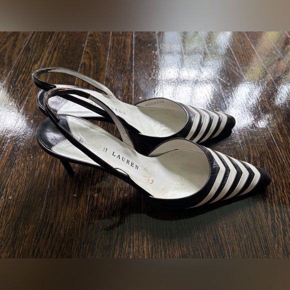 Ralph Lauren Black and White Chevron Striped Slingback Heels 6 - Picture 2 of 5